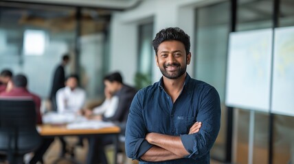 Fototapeta premium Indian startup looks at the camera with a smile. At a business meeting, the businessman exudes confidence.