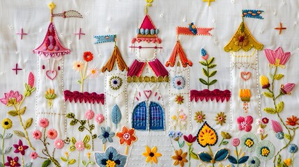 A whimsical embroidery design of a fairy tale castle with towers and banners, surrounded by flowers, on a white fabric.