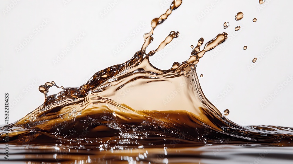 Poster close up shot of a liquid splash with droplets against a white background in a studio setting