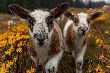 Playful goats in vibrant yellow flowers during a rainy day