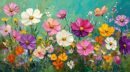 Vibrant painting of blooming flowers with multicolored petals in intricate detail, capturing natural beauty and joy. Ideal for decorative art, home design, greeting cards, wallpaper, or creative proje