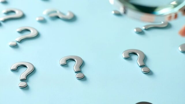 Multiple silver question marks scattered on light blue background with soft shadows and magnifier