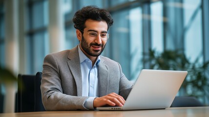 Young arabic manager is concentrating on his laptop in a modern office, showcasing professionalism and a tech-savvy work environment.