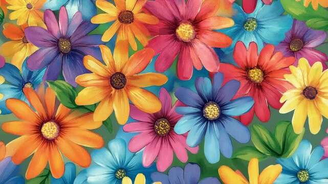 Colorful daisy flowers in bright pattern with orange, blue, pink, yellow and purple petals