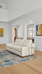Modern white sofa in bright living room with archways