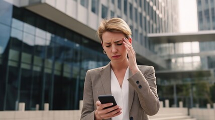 Worried businesswoman checks a bad news notice on her smartphone.