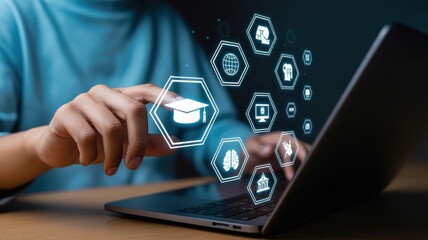 Hands interacting with digital education icons projected onto a laptop.