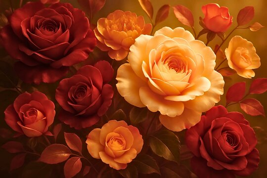 Elegant floral arrangement of dark red and soft yellow roses in romantic warm light close-up view - Powered by Adobe