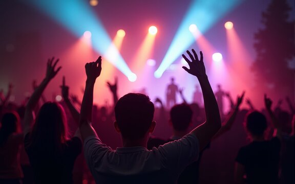 Abstract blur atmosphere: happy people enjoying outdoor music festival concert, raised up hands and clapping of pleasure, active night life concept, play of light and shadow on the stage