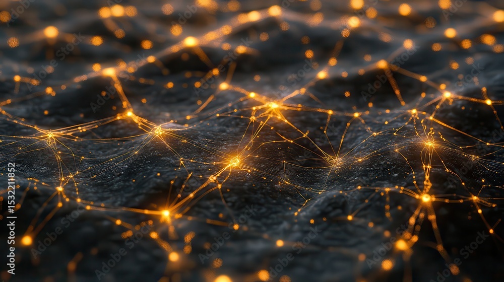 Poster abstract network of glowing orange dots connected by lines on a dark textured background