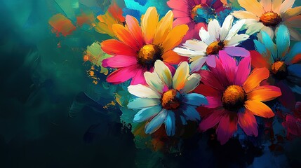Vibrant painting of blooming flowers with multicolored petals in intricate detail, capturing natural beauty and joy. Ideal for decorative art, home design, greeting cards, wallpaper, or creative proje