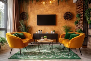Mustard yellow velvet sectional in a modern living room.