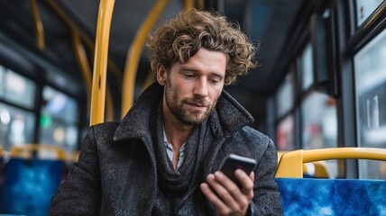 A young man is using his cell phone while on public transportation.