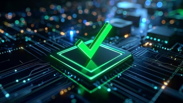 Glowing Green Check Mark On Dark Motherboard