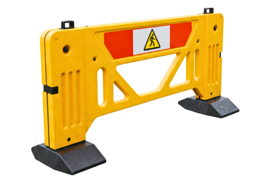 Yellow plastic road barrier with a warning sign isolated on a transparent background