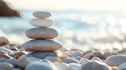 A stack of five pebbles on a pebble beach with the ocean in the background.