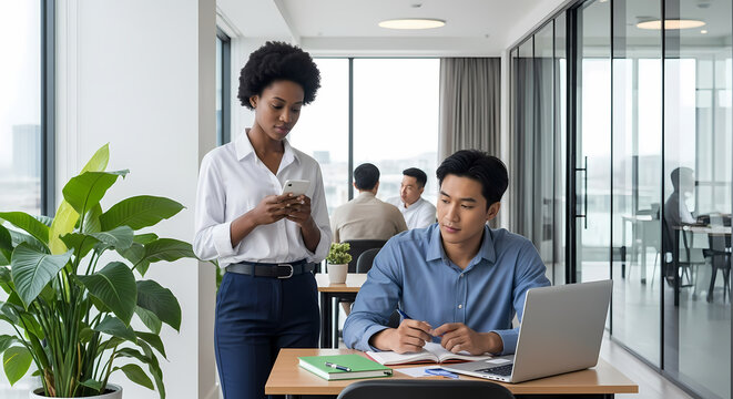 Portrait of a determined young Black professional standing in a modern conference room hallway, reviewing a presentation on her smartphone before a meeting. Southeast Asian student sitting at a desk