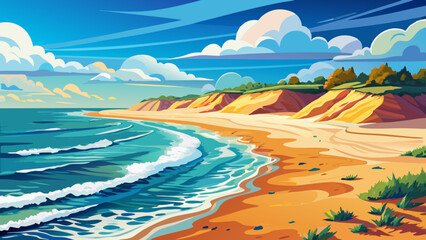 In North Carolina’s Nags Head, the Outer Banks shore unfolds a very beautiful beach shoreline, where sand meets sea in harmony. Ideal for vector scenes with summer serenity.

