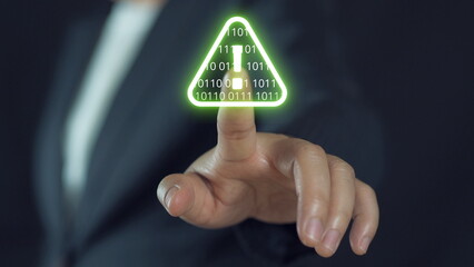 Represents warning, error, system risk, and cybersecurity issues related to data breach and internet security.Business cyber alert concept with glowing triangle symbol.