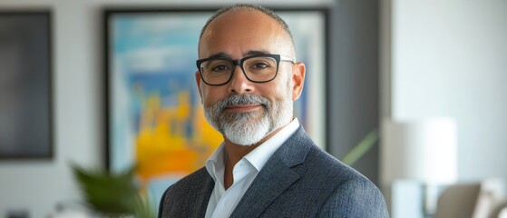 Mature businessman with glasses smiles confidently in his modern home office
