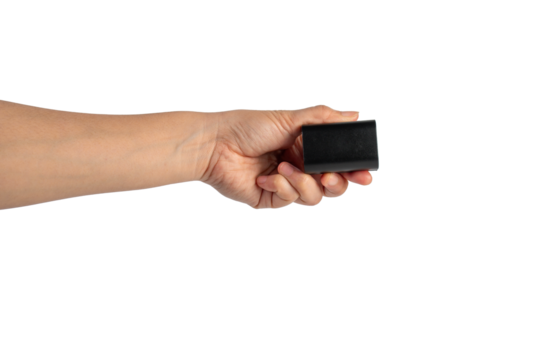 Black DSLR camera battery and hand on transparent background