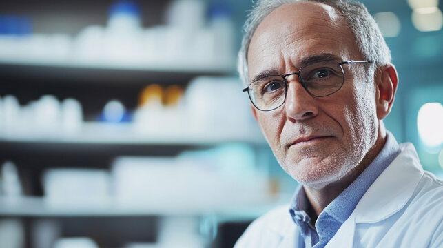 A mature male scientist wearing a white lab coat, standing in a laboratory with shelves filled with bottles and vials in the background.