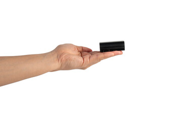 Black DSLR camera battery and hand on transparent background