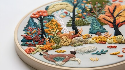 An embroidery hoop featuring a detailed woodland scene with animals and trees, set against a light background.