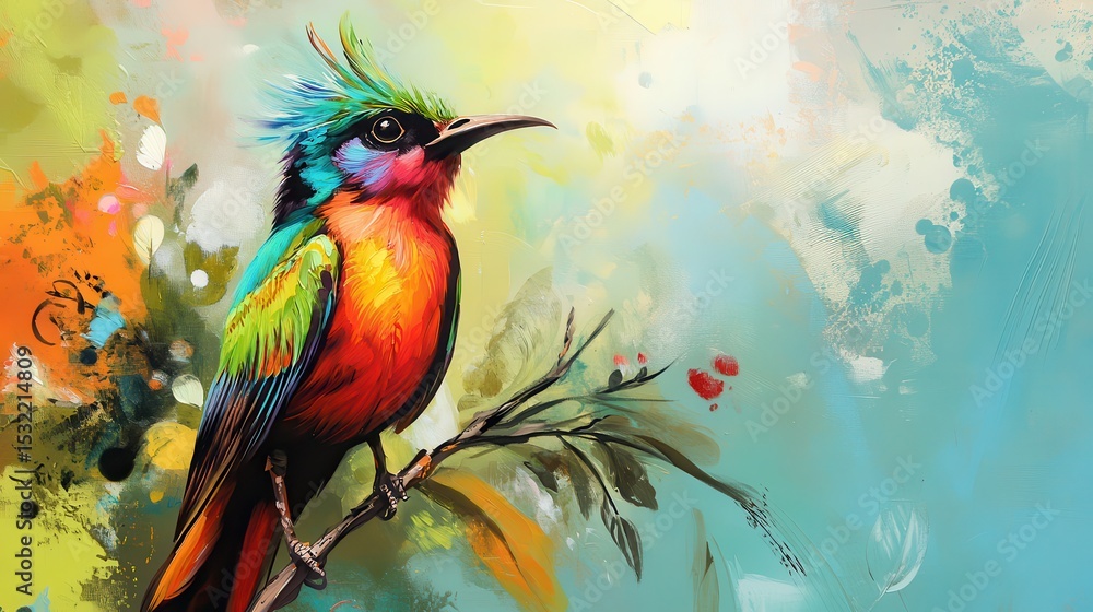 Poster a vibrant bird perched on a branch with colorful plumage in an abstract painted background style