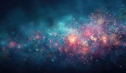 A vibrant fireworks display explodes against a dark, smoky, teal and blue night sky, glittering with bokeh lights and colorful sparks