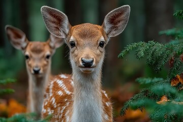 Fototapeta premium Two Young Fawns in Woodland Setting Surrounded by Greenery and Leaves