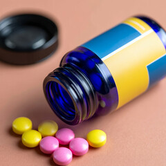 Open bottle with colorful pills on a neutral background.