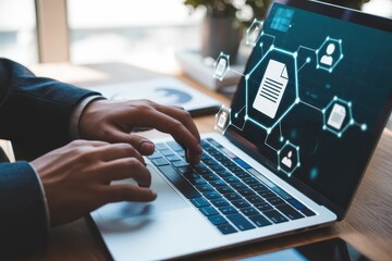 Close-up of hands typing on a laptop with document icons.