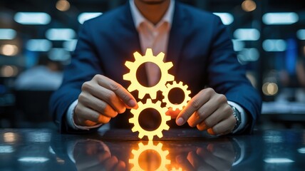 Illuminated gears held by a person's hands, symbolizing teamwork and collaboration.