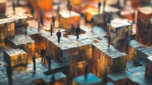 Tiny figures navigate a complex, multi-layered structure of interconnected cubes