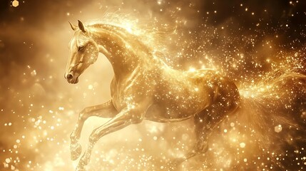 Golden glowing horse riding on dark background. Creative decoration magical shining cosmos space fairy myth moon light fantasy background illustration, 2026 year horoscope