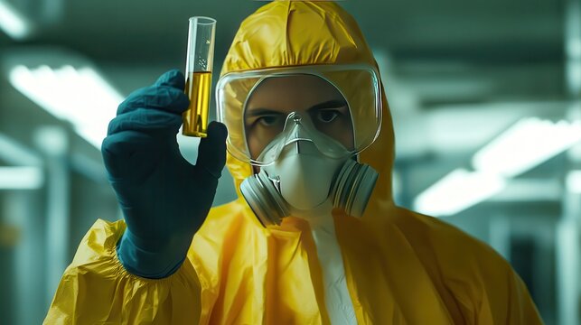 Scientist in hazmat suit holding test tube with yellow liquid in laboratory setting carefully analyzing