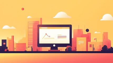 Modern Cityscape with Data Analytics Display on Computer Screen Illustration