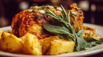Delicious roasted chicken with herbs and golden potatoes on plate