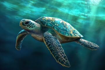 Obraz premium Turtle Hawksbill. Underwater Sea Animal in Natural Blue and Green Waters
