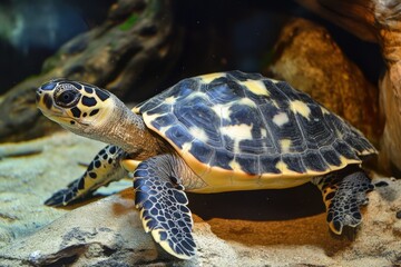 Obraz premium Turtle Hawksbill. Underwater World of Sea Turtle in Natural Marine Environment