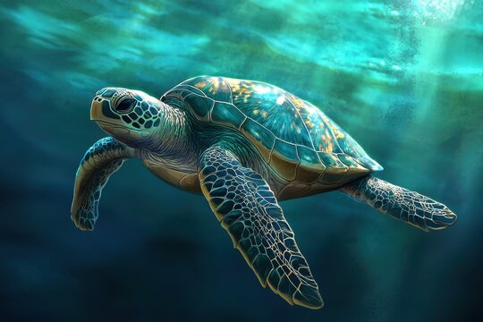 Turtle Hawksbill. Underwater Sea Animal in Natural Blue and Green Waters