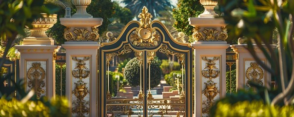 Close-up of the ornate details on the Emirates Palace gates, featuring intricate carvings and luxurious gold accents, framed by lush, perfectly manicured gardens. 40k, full ultra hd, high resolution