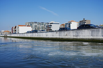 Waterfront and buildings in European Aveiro city in Portugal