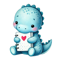 Adorable watercolor dinosaur illustration ready for back to school! This cute dino wears a backpack and holds school supplies, perfect for kids' educational materials, classroom decor, nursery art.