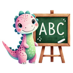 Adorable watercolor dinosaur illustration ready for back to school! This cute dino wears a backpack and holds school supplies, perfect for kids' educational materials, classroom decor, nursery art.