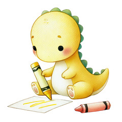 Adorable watercolor dinosaur illustration ready for back to school! This cute dino wears a backpack and holds school supplies, perfect for kids' educational materials, classroom decor, nursery art.