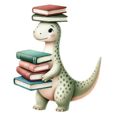 Adorable watercolor dinosaur illustration ready for back to school! This cute dino wears a backpack and holds school supplies, perfect for kids' educational materials, classroom decor, nursery art.