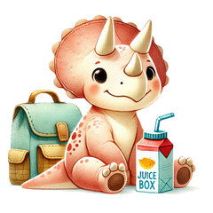 Adorable watercolor dinosaur illustration ready for back to school! This cute dino wears a backpack and holds school supplies, perfect for kids' educational materials, classroom decor, nursery art.