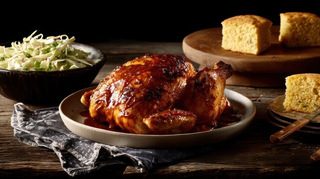 Roasted Chicken with Coleslaw and Cornbread on Rustic Wooden Table